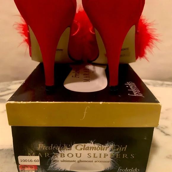 VTG Fredericks Of Hollywood Glamour Girl Marabou Slippers Red Feather Size 7 - Picture 6 of 10